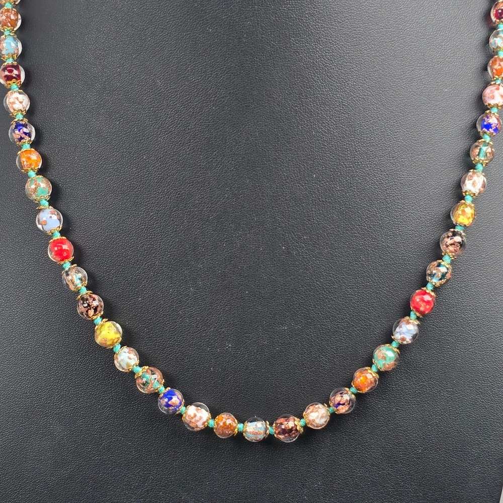 Murano Glass Bead Necklace Multi Color Sparkly Gold Tone Floral 24 Inch Italian